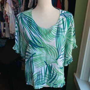 Women's FOR CYNTHIA Linen blend Top XL White Green Palm Leaf Print